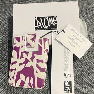 Diane Von Furstenberg Purple and White Leaf-Print Phone Sleeve with Snap